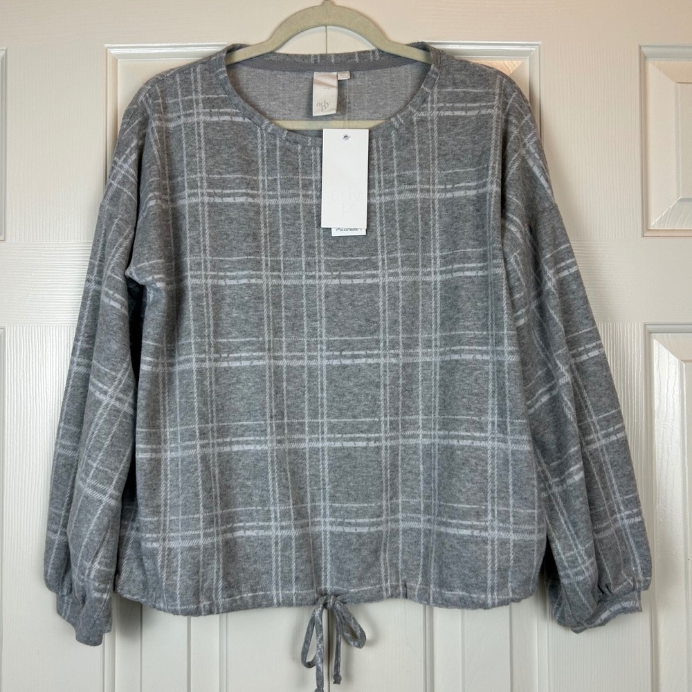NWT Ady P Womens Grey Plaid Long Sleeve Drawstring Hem Top Small
